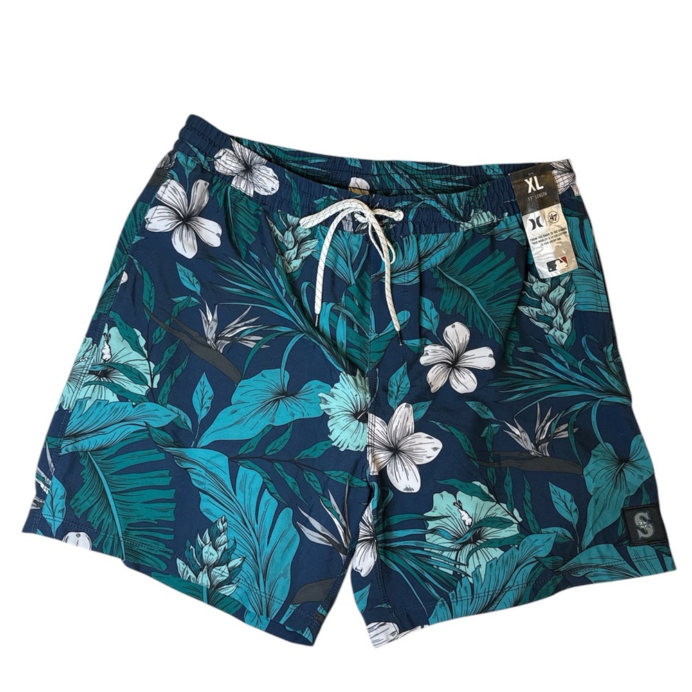 Hurley X 47 Brand 17” Tropics Floral Seattle Mariners Swimshorts NWT Green, Blue